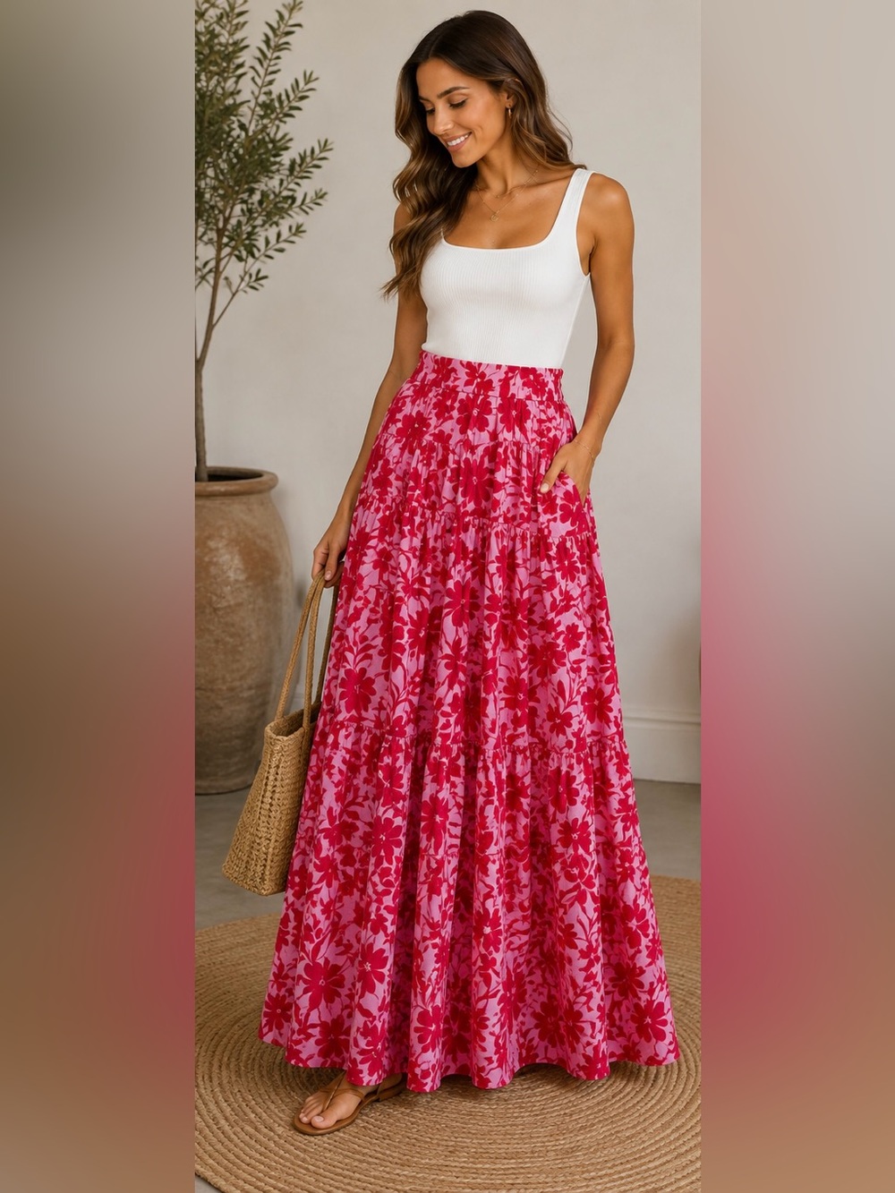 Abel the label Pink Floral Maxi 100% Rayon Skirt